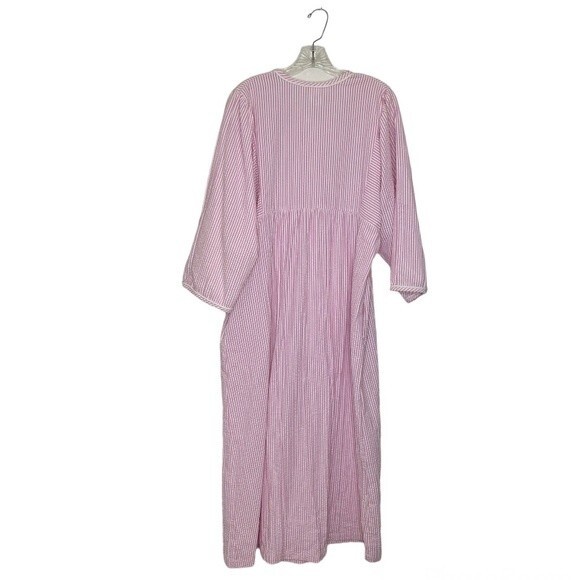 STAN HERMAN Pink White Stripe House Dress Robe Seersucker Embroidered Size Large - Picture 5 of 10